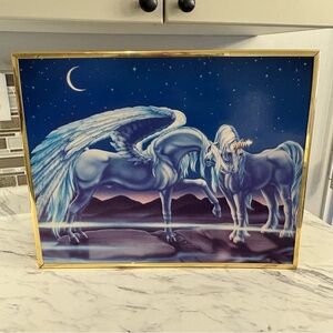 Vintage Sue Dawe Unicorn and‎ Pegasus framed hard poster print Fantasy Y2K